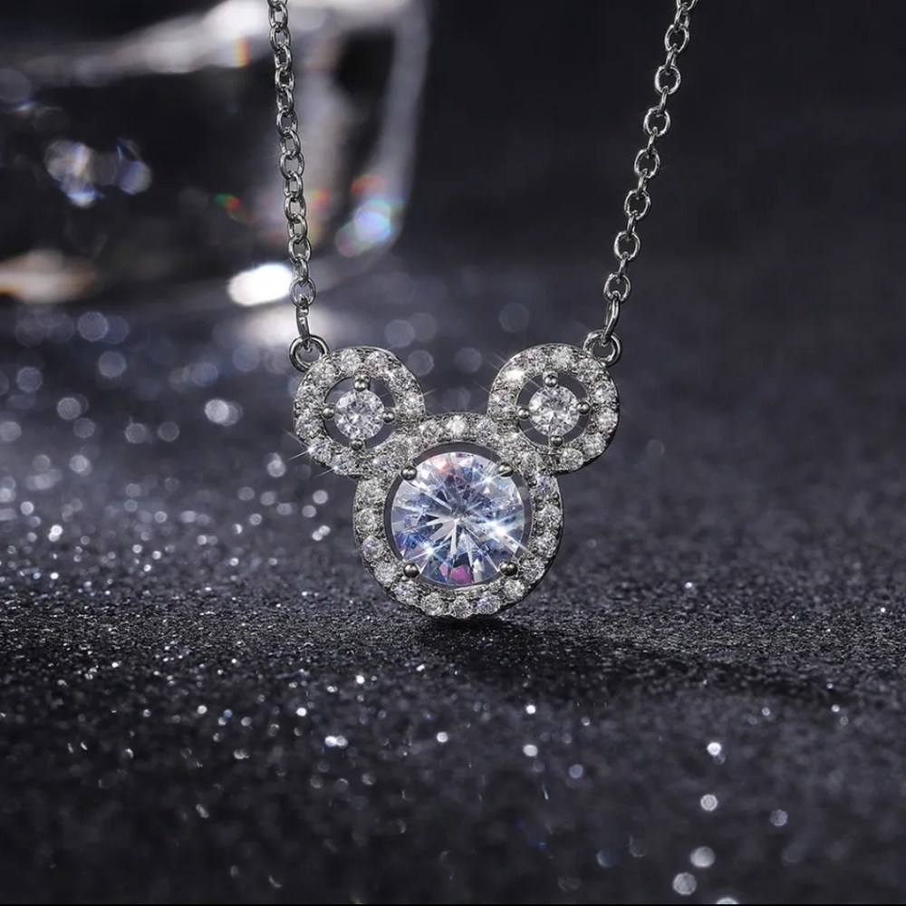 Mickey Mouse Diamond Silver Chain Necklace Pendant Dangle Round CZ Stone - Picture 4 of 4